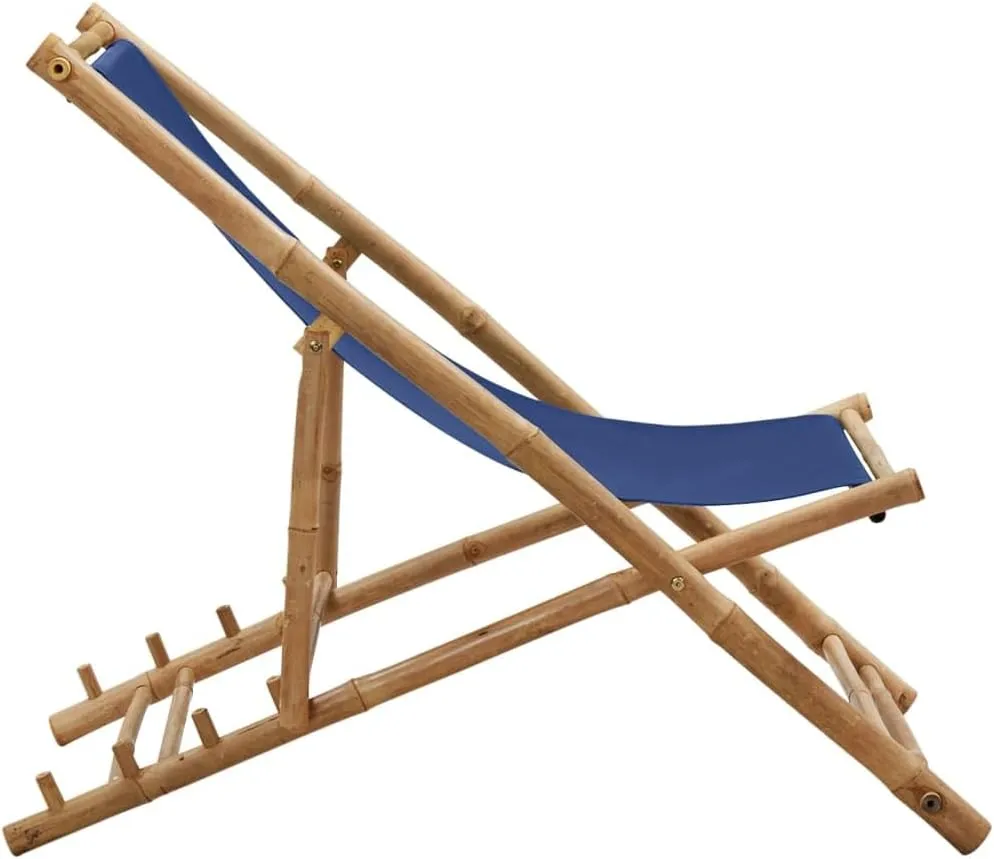 Bamboo Canvas Navy Blue Deck Chair Adjustable 4-Position Foldable Beach Chair for Outdoor, Patio, Camping, Poolside Relaxation
