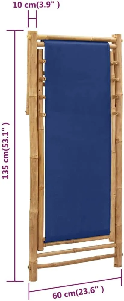 Bamboo Canvas Navy Blue Deck Chair Adjustable 4-Position Foldable Beach Chair for Outdoor, Patio, Camping, Poolside Relaxation