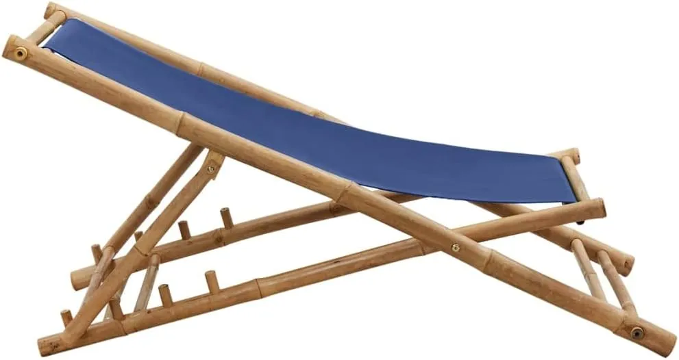 Bamboo Canvas Navy Blue Deck Chair Adjustable 4-Position Foldable Beach Chair for Outdoor, Patio, Camping, Poolside Relaxation