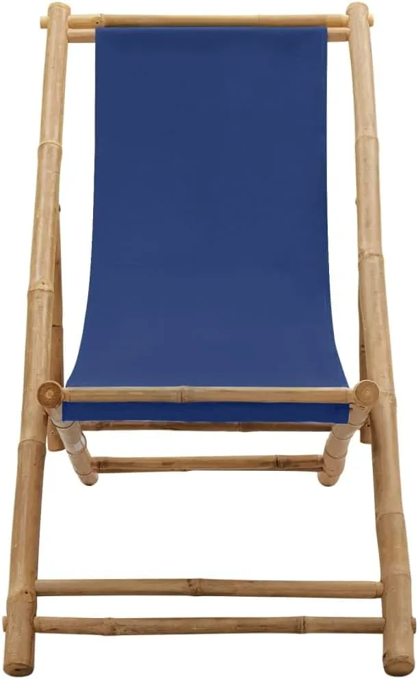 Bamboo Canvas Navy Blue Deck Chair Adjustable 4-Position Foldable Beach Chair for Outdoor, Patio, Camping, Poolside Relaxation