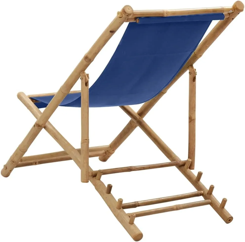 Bamboo Canvas Navy Blue Deck Chair Adjustable 4-Position Foldable Beach Chair for Outdoor, Patio, Camping, Poolside Relaxation