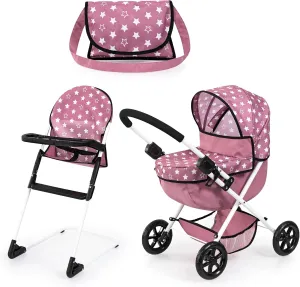 Bayer Design Dolls: Cozy 3 Piece Set - Pink, White, Stars - Folding Pram, Highchair, Shoulder Bag, Accessory Set for Dolls Up to 18", Kids Toy, Age 3 