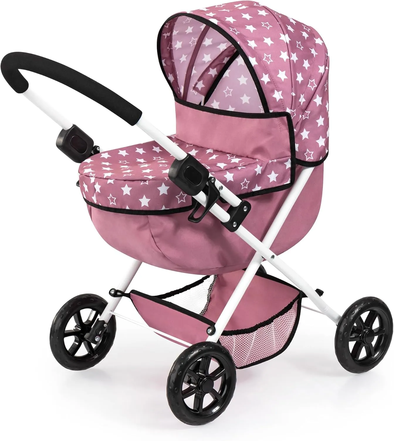 Bayer Design Dolls: Cozy 3 Piece Set - Pink, White, Stars - Folding Pram, Highchair, Shoulder Bag, Accessory Set for Dolls Up to 18", Kids Toy, Age 3 