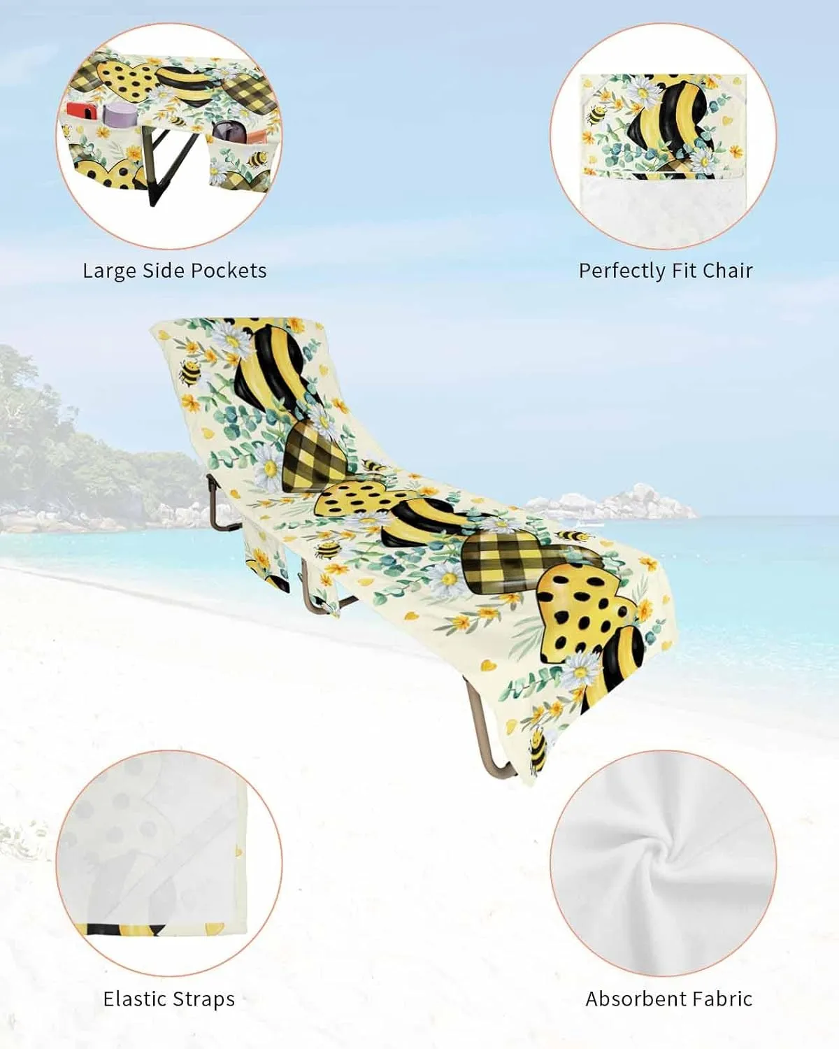 Beach Pool Patio Lounge Chaise Chair Cover Towel with Pockets,Bee Love Heart Absorbent & Quick Dry Microfiber Towel Cover Bag Summer Travel Accessories Yellow Spring Floral Green Eucalyptus Plaid