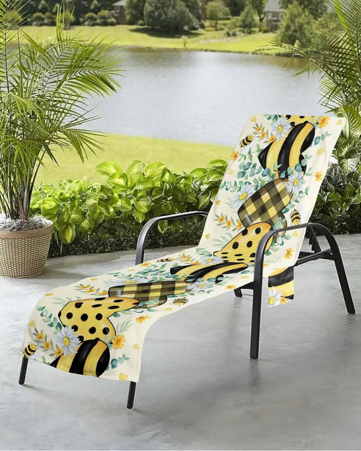 Beach Pool Patio Lounge Chaise Chair Cover Towel with Pockets,Bee Love Heart Absorbent & Quick Dry Microfiber Towel Cover Bag Summer Travel Accessories Yellow Spring Floral Green Eucalyptus Plaid