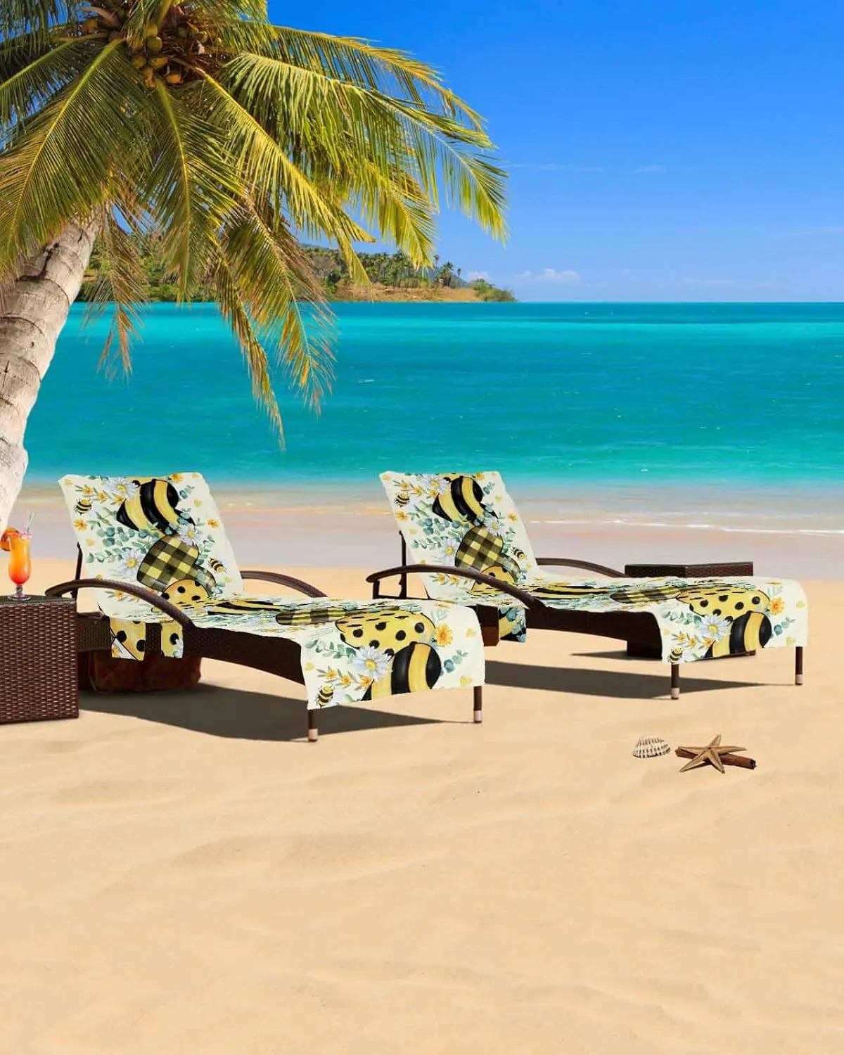 Beach Pool Patio Lounge Chaise Chair Cover Towel with Pockets,Bee Love Heart Absorbent & Quick Dry Microfiber Towel Cover Bag Summer Travel Accessories Yellow Spring Floral Green Eucalyptus Plaid