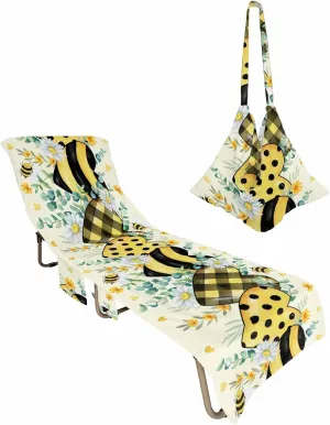 Beach Pool Patio Lounge Chaise Chair Cover Towel with Pockets,Bee Love Heart Absorbent & Quick Dry Microfiber Towel Cover Bag Summer Travel Accessories Yellow Spring Floral Green Eucalyptus Plaid
