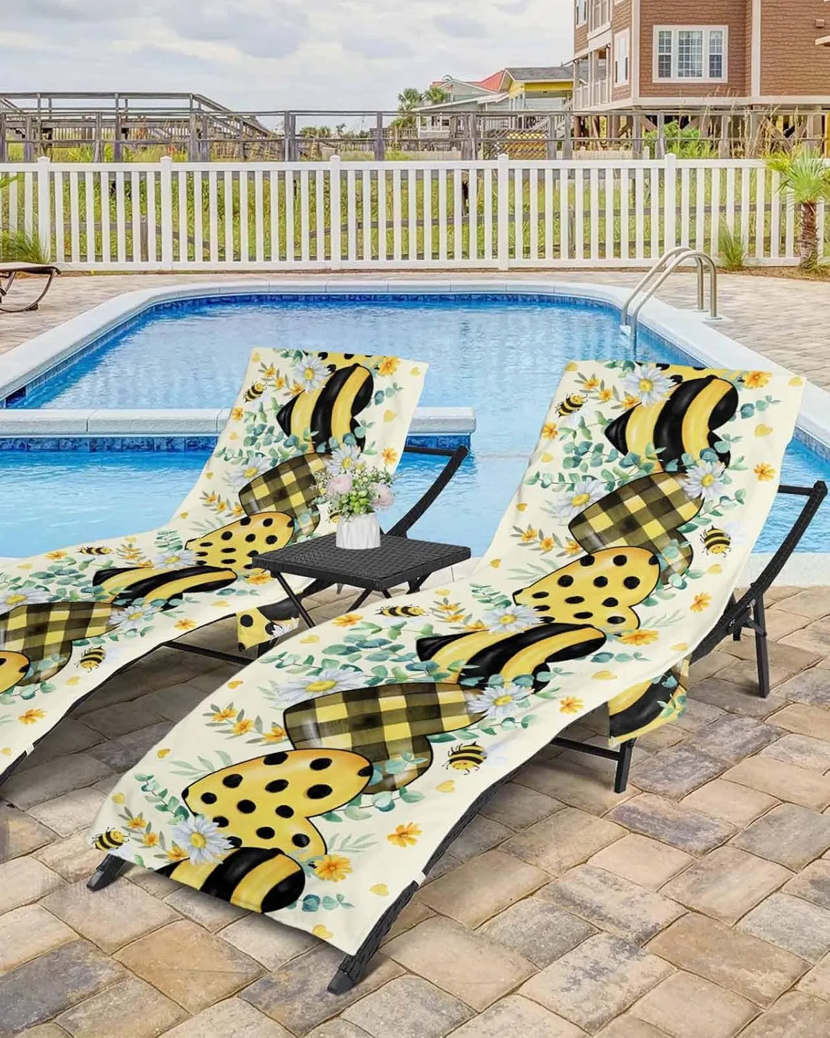 Beach Pool Patio Lounge Chaise Chair Cover Towel with Pockets,Bee Love Heart Absorbent & Quick Dry Microfiber Towel Cover Bag Summer Travel Accessories Yellow Spring Floral Green Eucalyptus Plaid