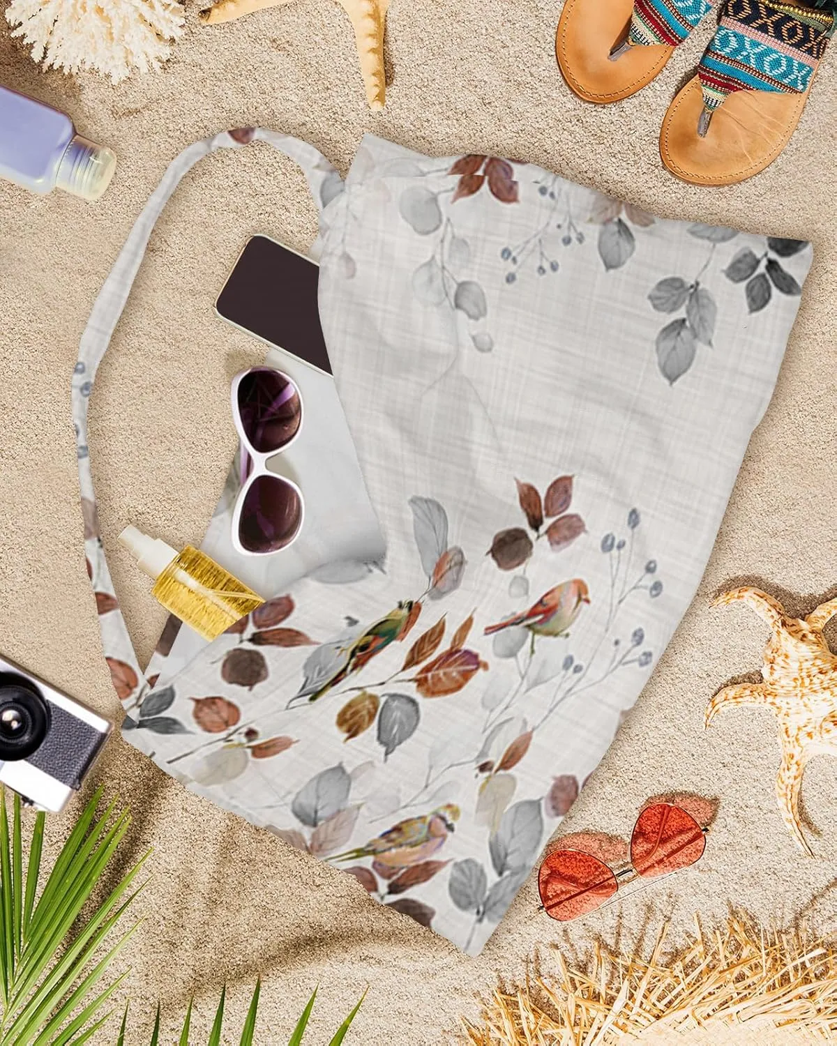 Beach Pool Patio Lounge Chaise Chair Cover Towel with Pockets,Botanical Eucalyptus Absorbent & Quick Dry Microfiber Towel Cover Bag Summer Travel Accessories Fall Winter Leaves Animal Bird