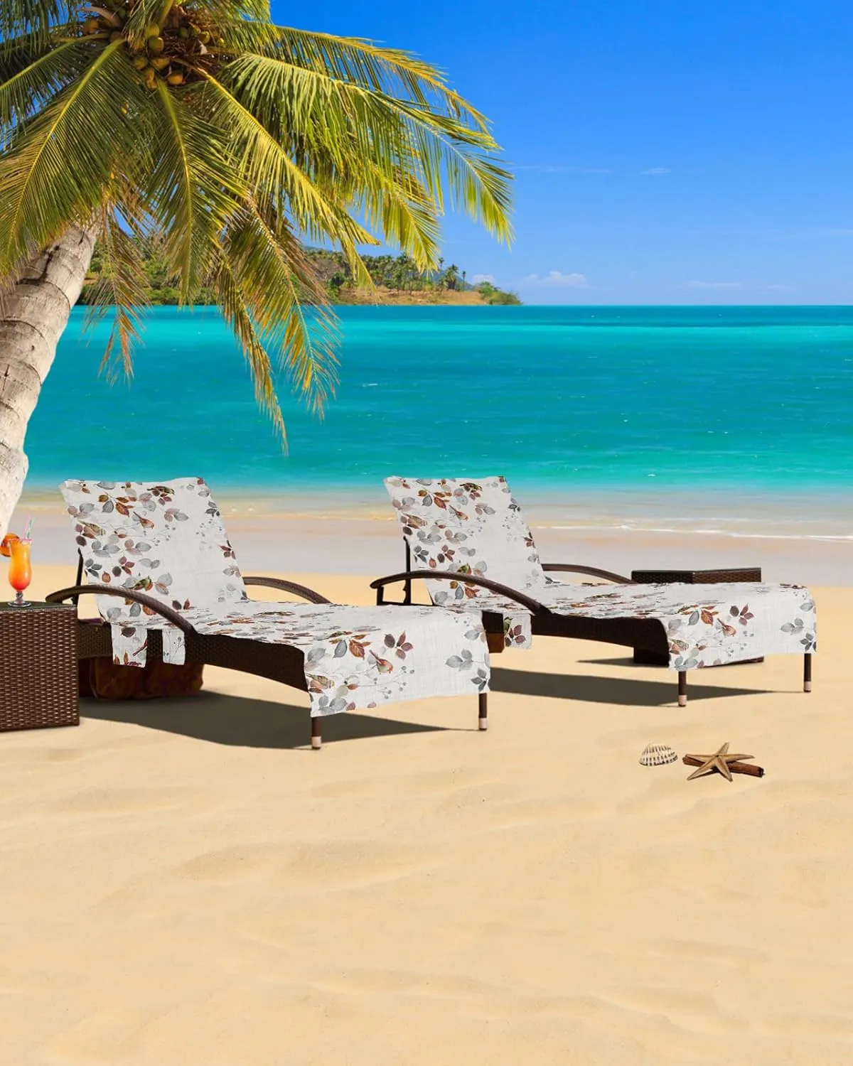 Beach Pool Patio Lounge Chaise Chair Cover Towel with Pockets,Botanical Eucalyptus Absorbent & Quick Dry Microfiber Towel Cover Bag Summer Travel Accessories Fall Winter Leaves Animal Bird