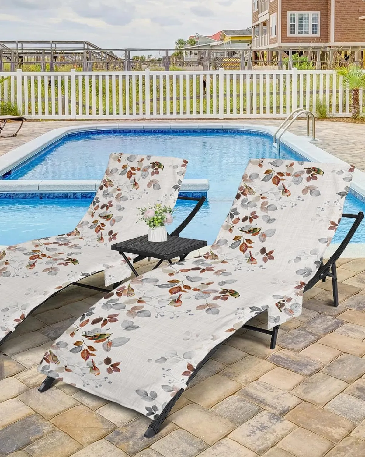 Beach Pool Patio Lounge Chaise Chair Cover Towel with Pockets,Botanical Eucalyptus Absorbent & Quick Dry Microfiber Towel Cover Bag Summer Travel Accessories Fall Winter Leaves Animal Bird