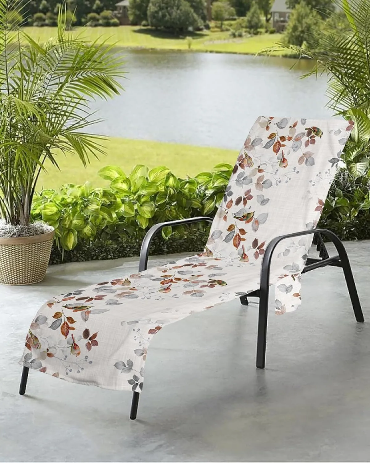 Beach Pool Patio Lounge Chaise Chair Cover Towel with Pockets,Botanical Eucalyptus Absorbent & Quick Dry Microfiber Towel Cover Bag Summer Travel Accessories Fall Winter Leaves Animal Bird