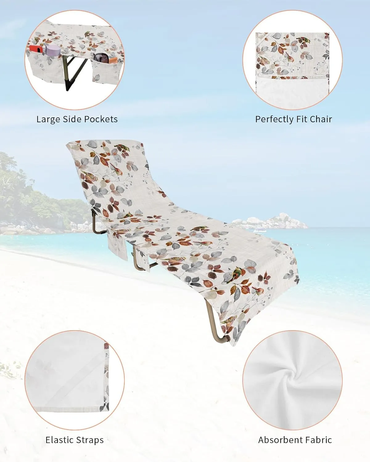 Beach Pool Patio Lounge Chaise Chair Cover Towel with Pockets,Botanical Eucalyptus Absorbent & Quick Dry Microfiber Towel Cover Bag Summer Travel Accessories Fall Winter Leaves Animal Bird