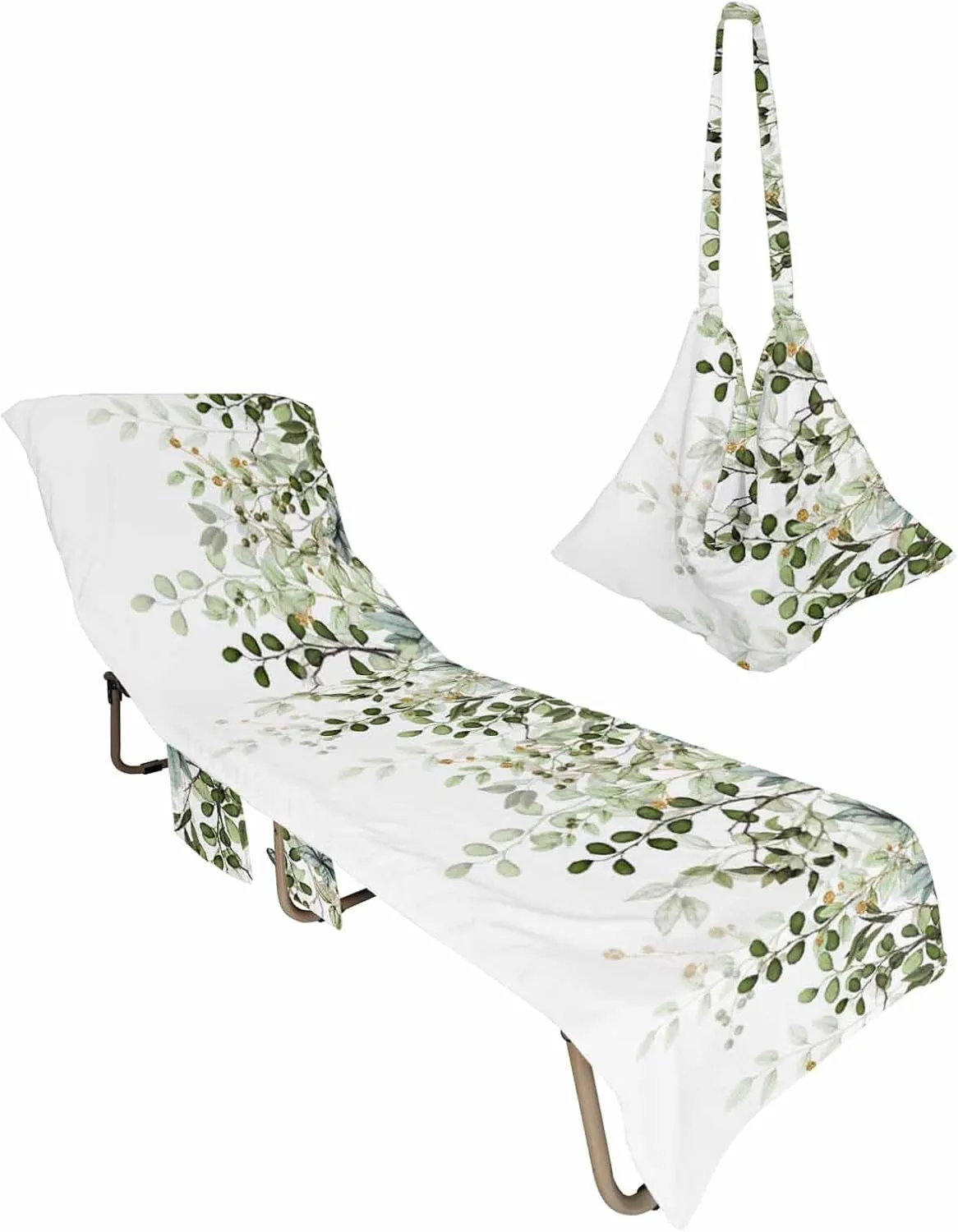 Beach Pool Patio Lounge Chaise Chair Cover Towel with Pockets,Sage Green Leaves Absorbent & Quick Dry Microfiber Towel Cover Bag Summer Travel Accessories Spring Eucalyptus Gold Watercolor