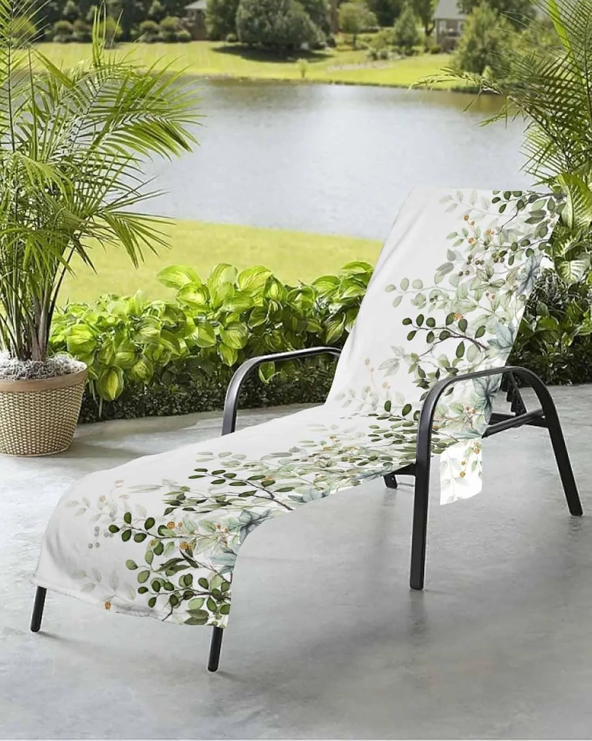 Beach Pool Patio Lounge Chaise Chair Cover Towel with Pockets,Sage Green Leaves Absorbent & Quick Dry Microfiber Towel Cover Bag Summer Travel Accessories Spring Eucalyptus Gold Watercolor