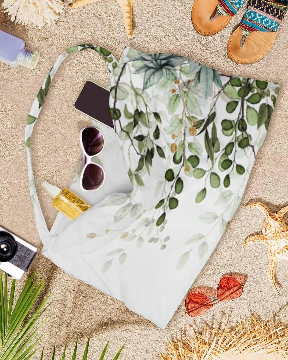 Beach Pool Patio Lounge Chaise Chair Cover Towel with Pockets,Sage Green Leaves Absorbent & Quick Dry Microfiber Towel Cover Bag Summer Travel Accessories Spring Eucalyptus Gold Watercolor