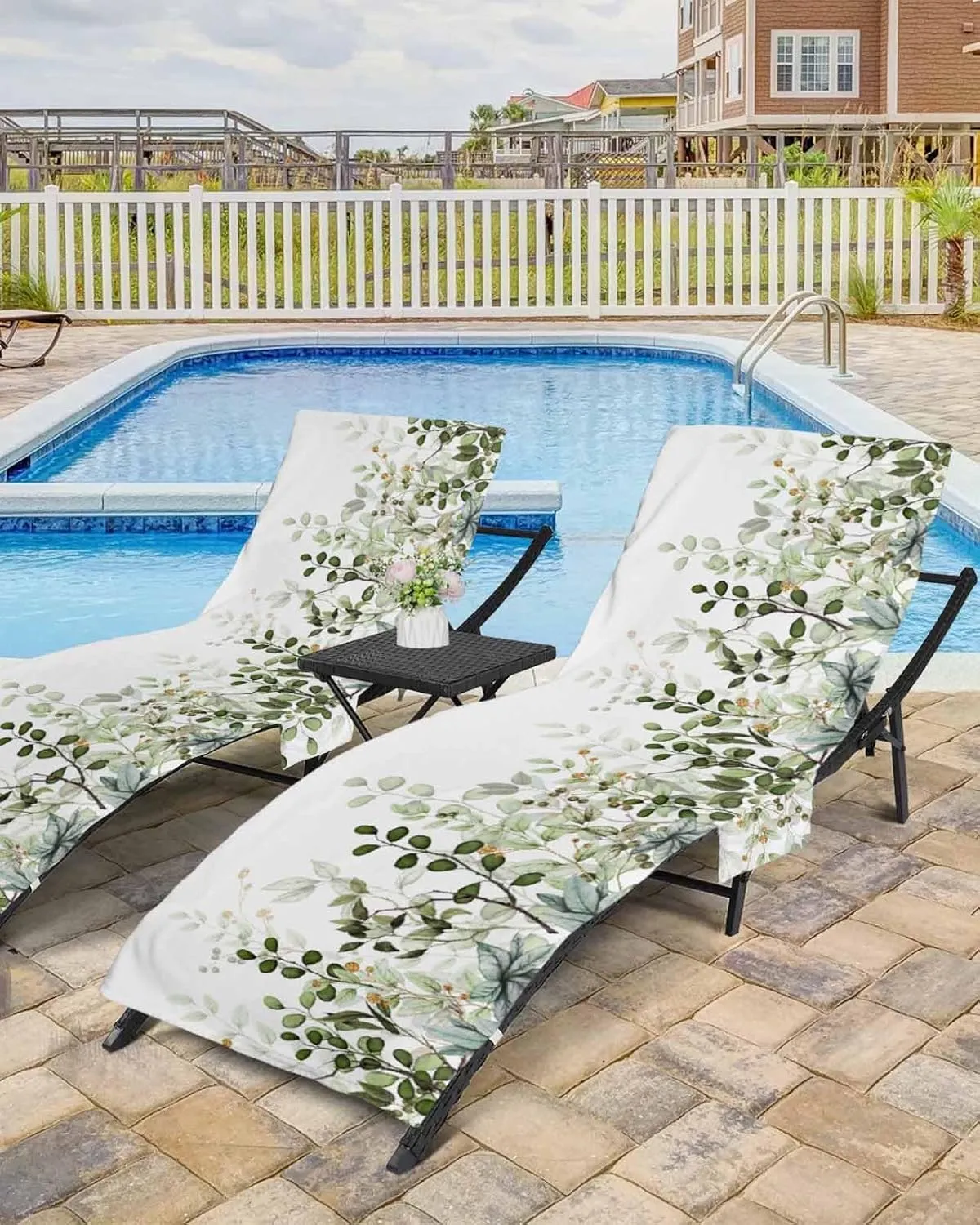 Beach Pool Patio Lounge Chaise Chair Cover Towel with Pockets,Sage Green Leaves Absorbent & Quick Dry Microfiber Towel Cover Bag Summer Travel Accessories Spring Eucalyptus Gold Watercolor