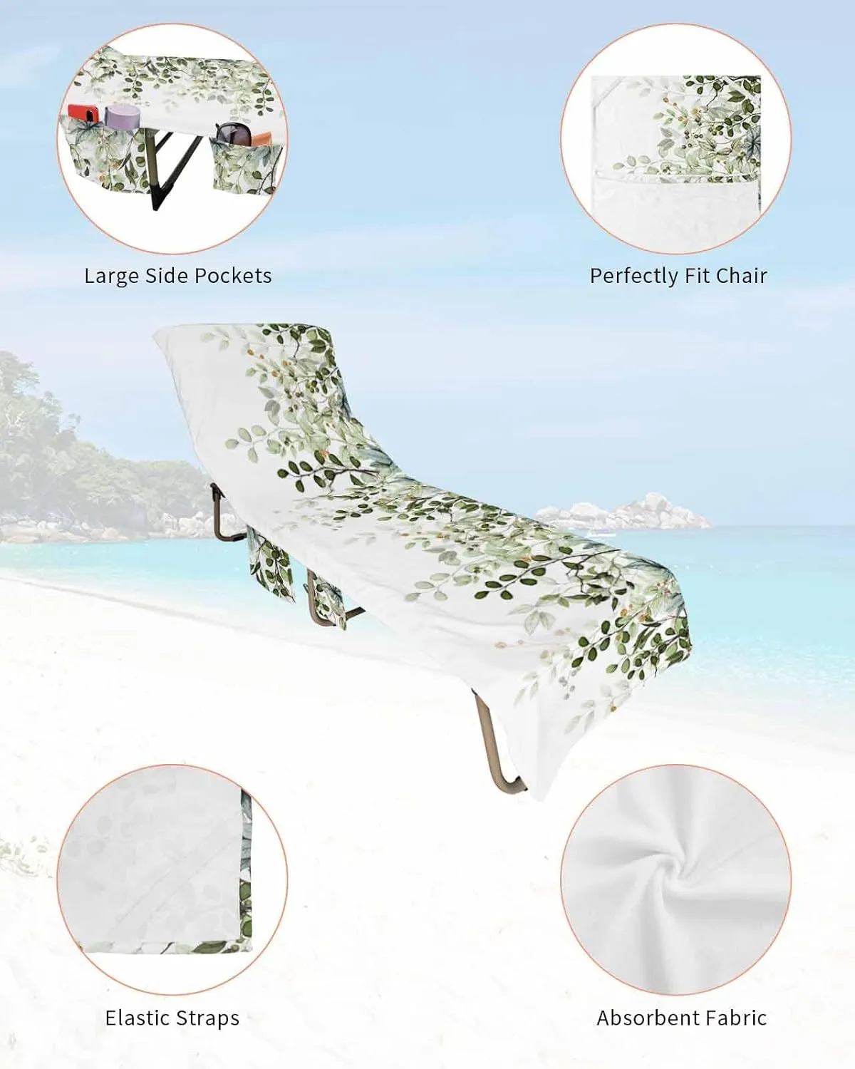 Beach Pool Patio Lounge Chaise Chair Cover Towel with Pockets,Sage Green Leaves Absorbent & Quick Dry Microfiber Towel Cover Bag Summer Travel Accessories Spring Eucalyptus Gold Watercolor