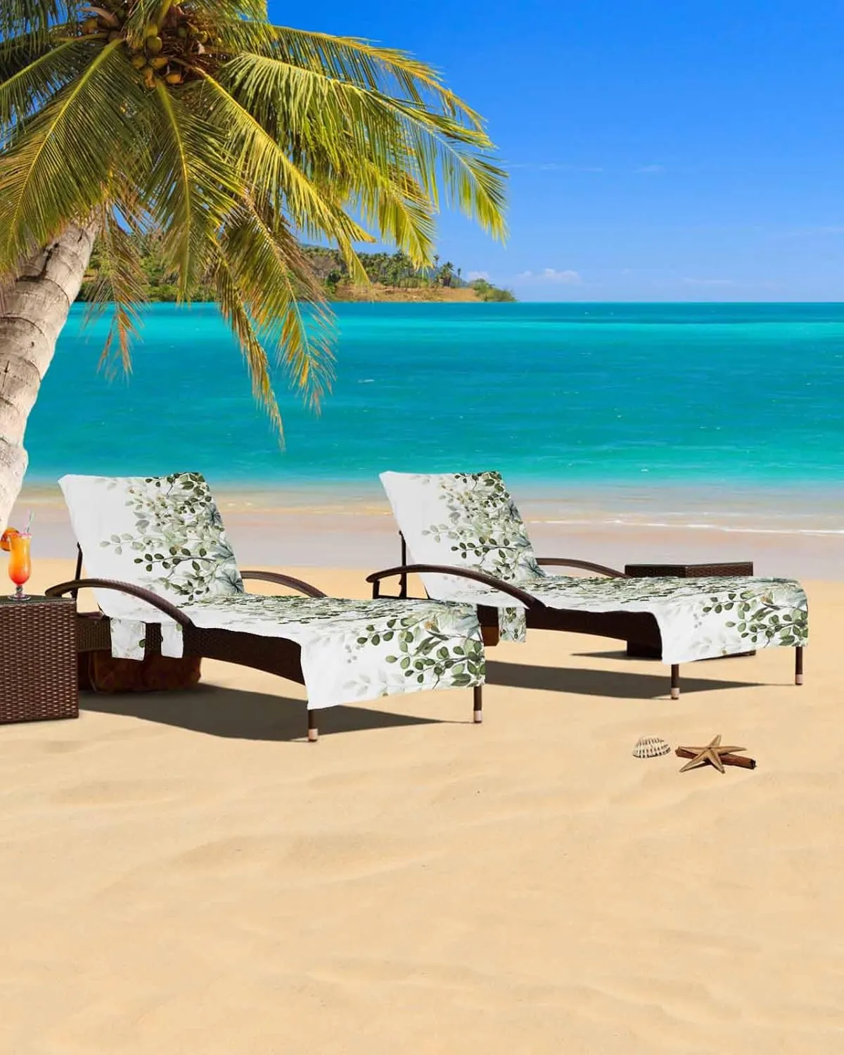 Beach Pool Patio Lounge Chaise Chair Cover Towel with Pockets,Sage Green Leaves Absorbent & Quick Dry Microfiber Towel Cover Bag Summer Travel Accessories Spring Eucalyptus Gold Watercolor
