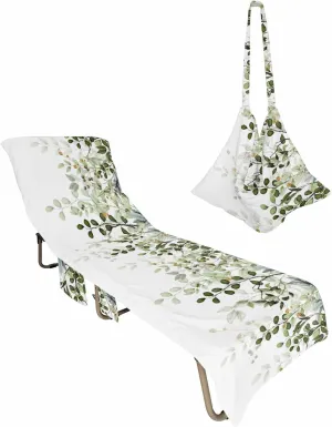 Beach Pool Patio Lounge Chaise Chair Cover Towel with Pockets,Sage Green Leaves Absorbent & Quick Dry Microfiber Towel Cover Bag Summer Travel Accessories Spring Eucalyptus Gold Watercolor