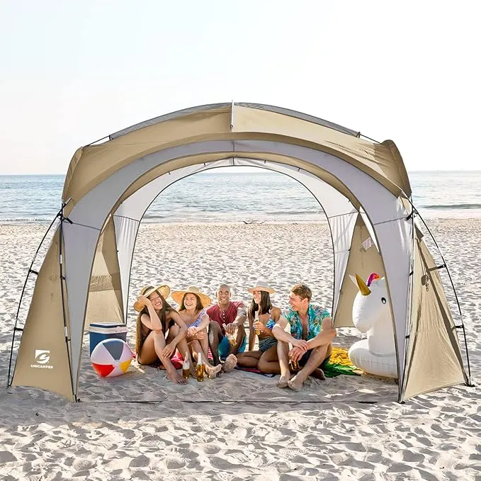 Beach Tent 12 X 12ft Large UPF50  Pop Up Canopy with 2-Pcs Side Wall, Sun Shelter Rainproof, Waterproof for Camping Trips, Backyard Fun, Fishing, Parties, Or Picnics(Khaki-Upgrade)