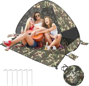Beach Tent Sun Shelter, Outdoor Tent for 1-4 Persons, Beach Tent Easy Pop Up, with Carrying Bag and 6 Ground Pegs for Family Outdoor Adventures, Camping, Picnics (Camouflage)