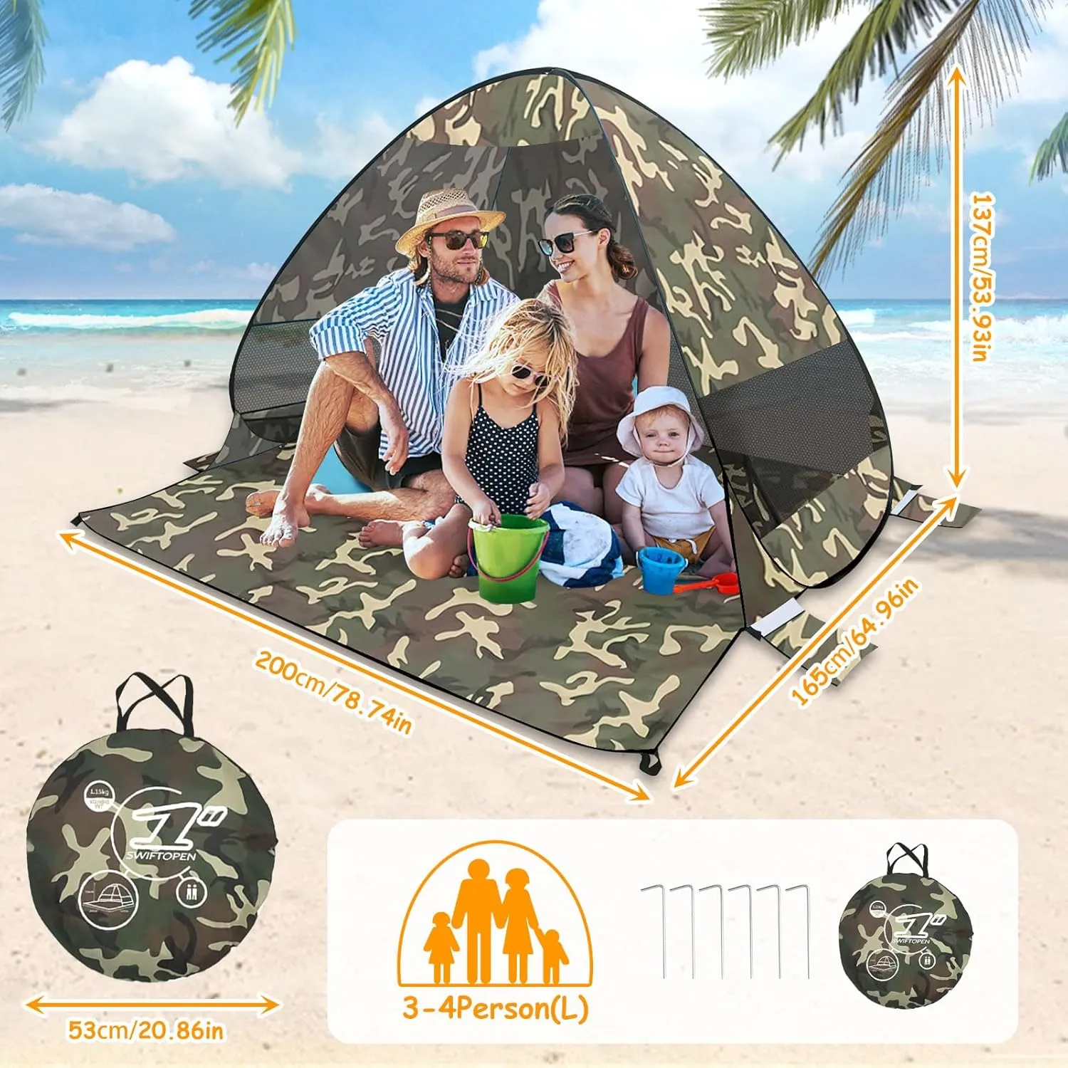 Beach Tent Sun Shelter, Outdoor Tent for 1-4 Persons, Beach Tent Easy Pop Up, with Carrying Bag and 6 Ground Pegs for Family Outdoor Adventures, Camping, Picnics (Camouflage)