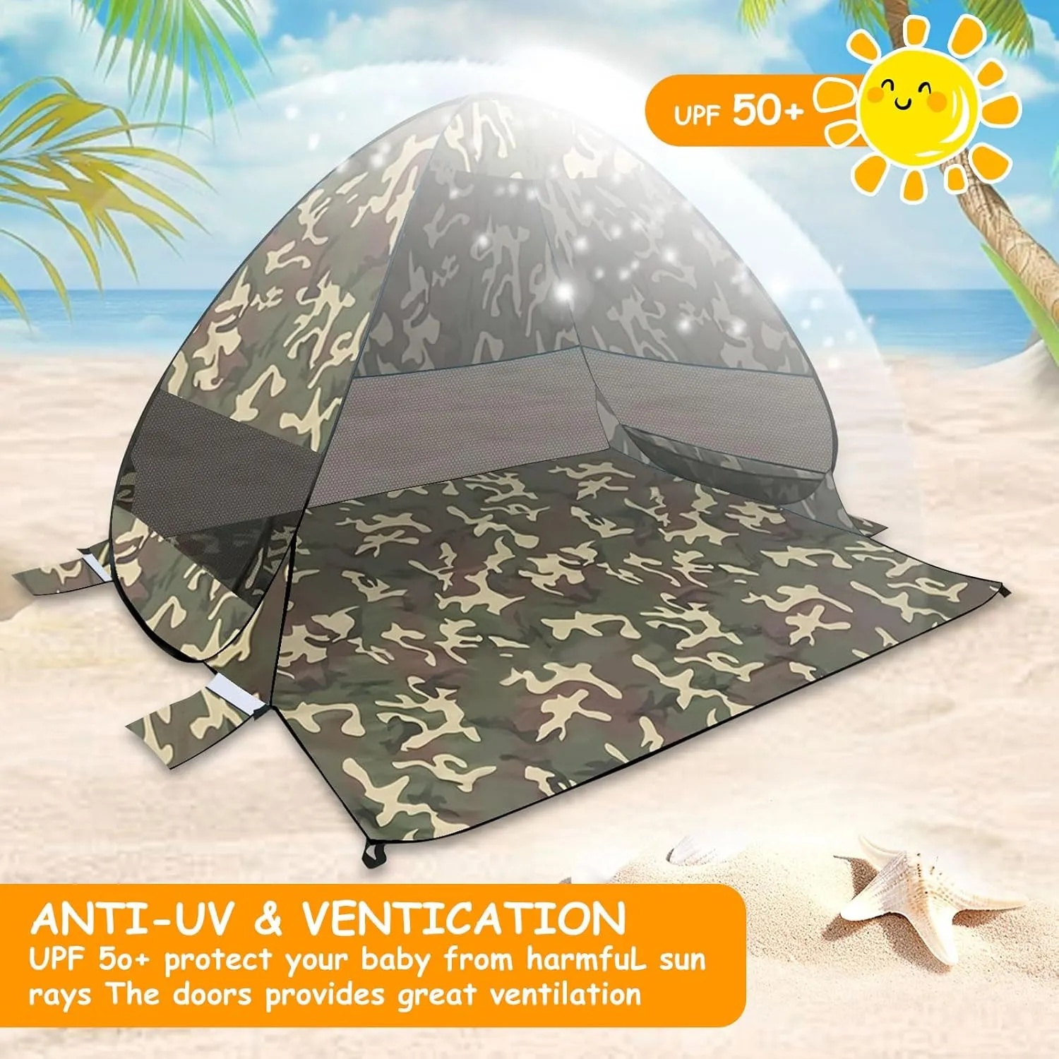 Beach Tent Sun Shelter, Outdoor Tent for 1-4 Persons, Beach Tent Easy Pop Up, with Carrying Bag and 6 Ground Pegs for Family Outdoor Adventures, Camping, Picnics (Camouflage)