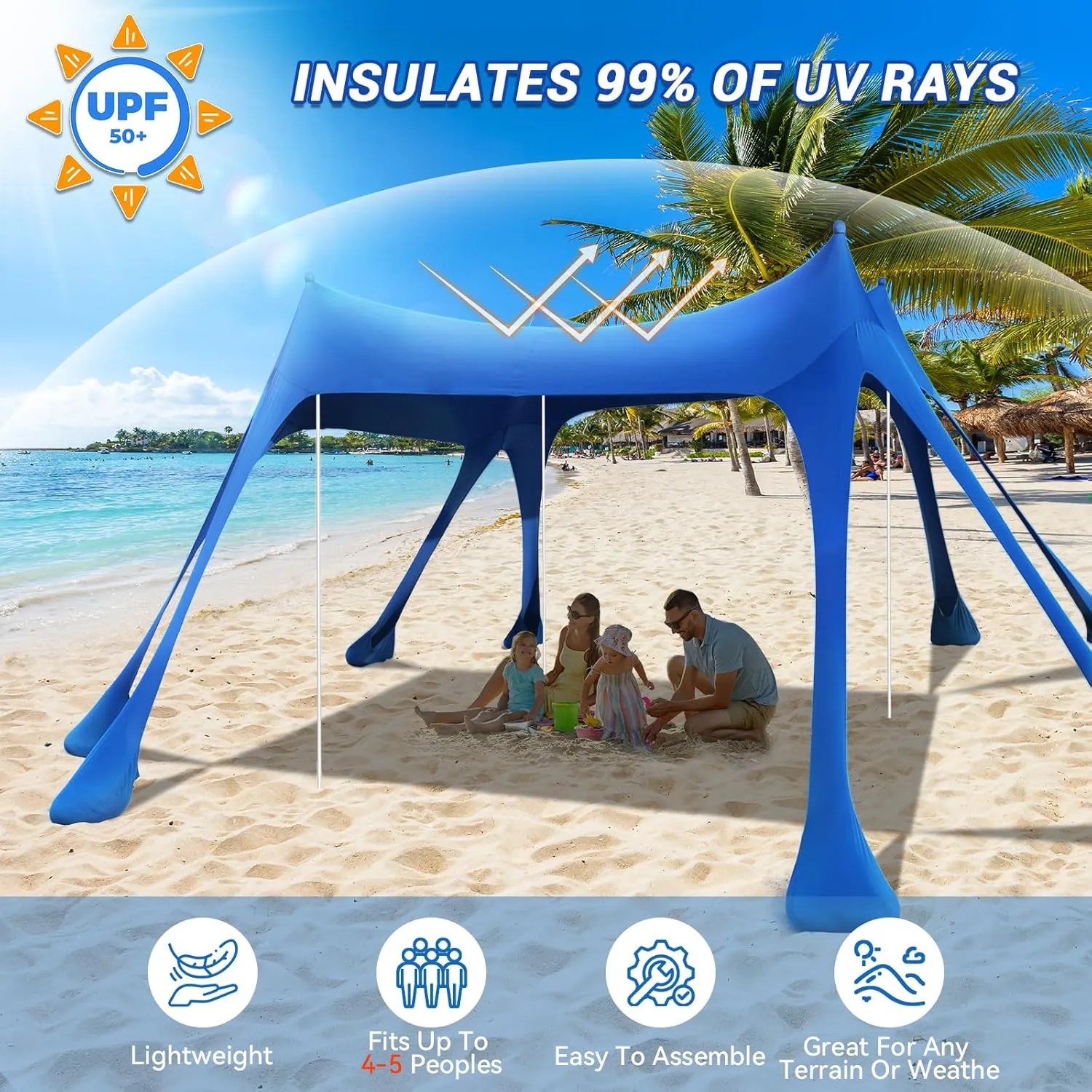 Beach Tent Sun Shelter,10 x 10FT Sun Shade with 8 Sandbags & 4 Poles, UPF50  Beach Tent Canopy with Carrying Bag for Camping Trips, Fishing, Backyard Fun or Picnics Light Blue