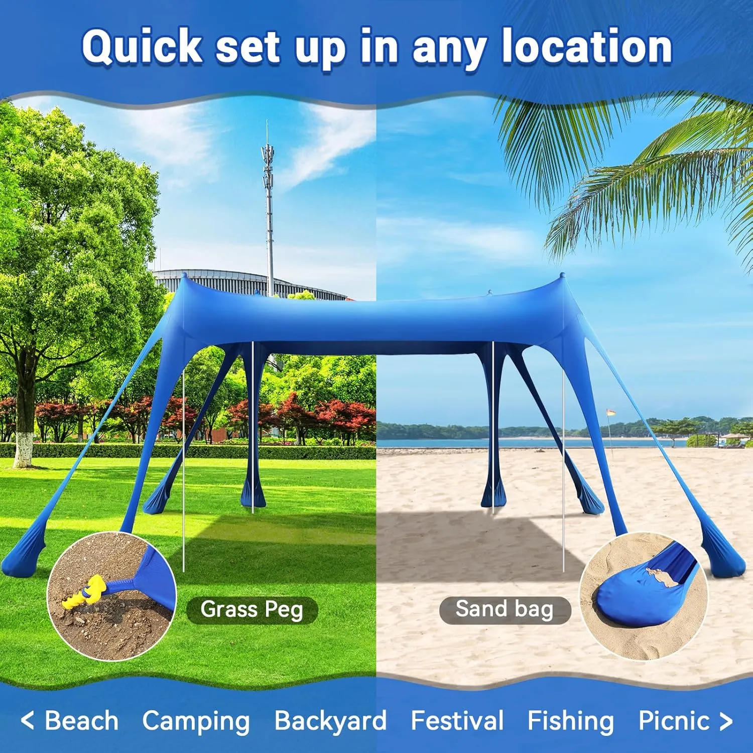Beach Tent Sun Shelter,10 x 10FT Sun Shade with 8 Sandbags & 4 Poles, UPF50  Beach Tent Canopy with Carrying Bag for Camping Trips, Fishing, Backyard Fun or Picnics Light Blue