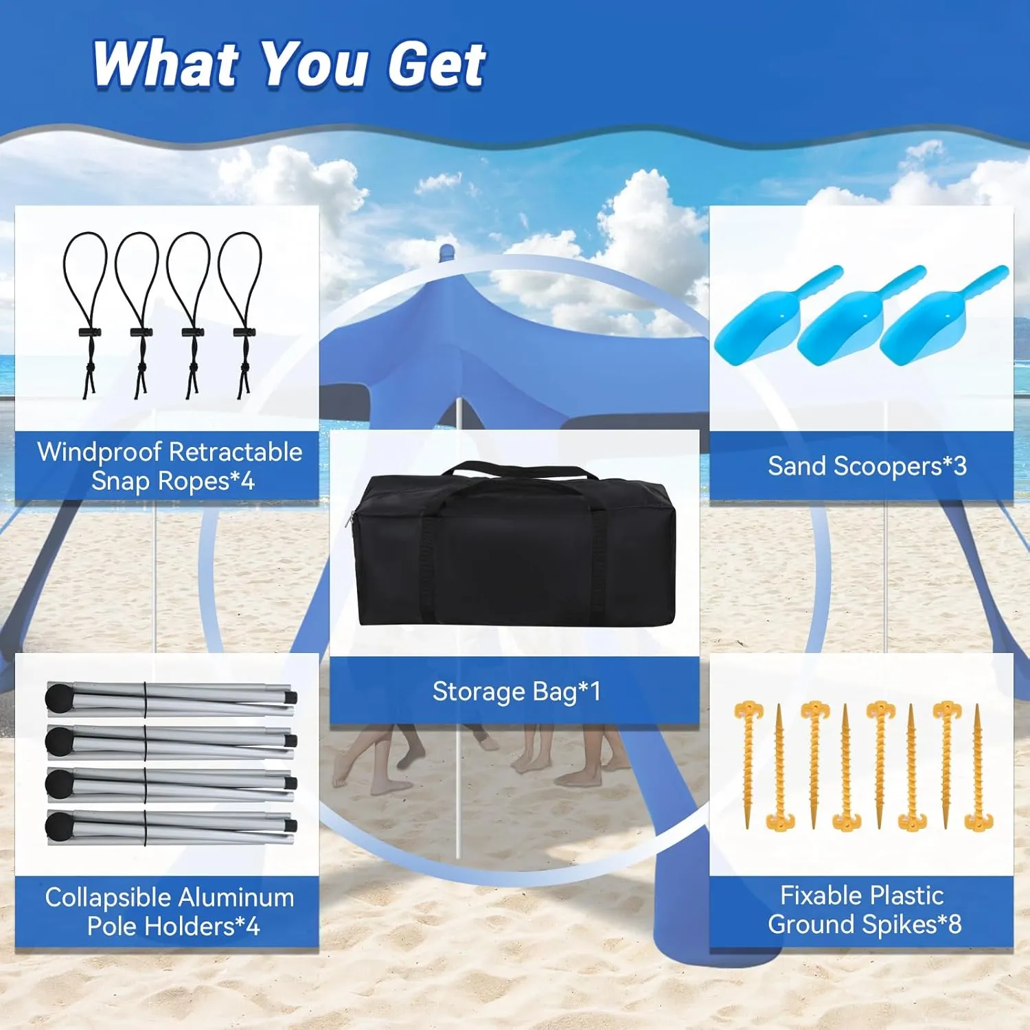 Beach Tent Sun Shelter,10 x 10FT Sun Shade with 8 Sandbags & 4 Poles, UPF50  Beach Tent Canopy with Carrying Bag for Camping Trips, Fishing, Backyard Fun or Picnics Light Blue