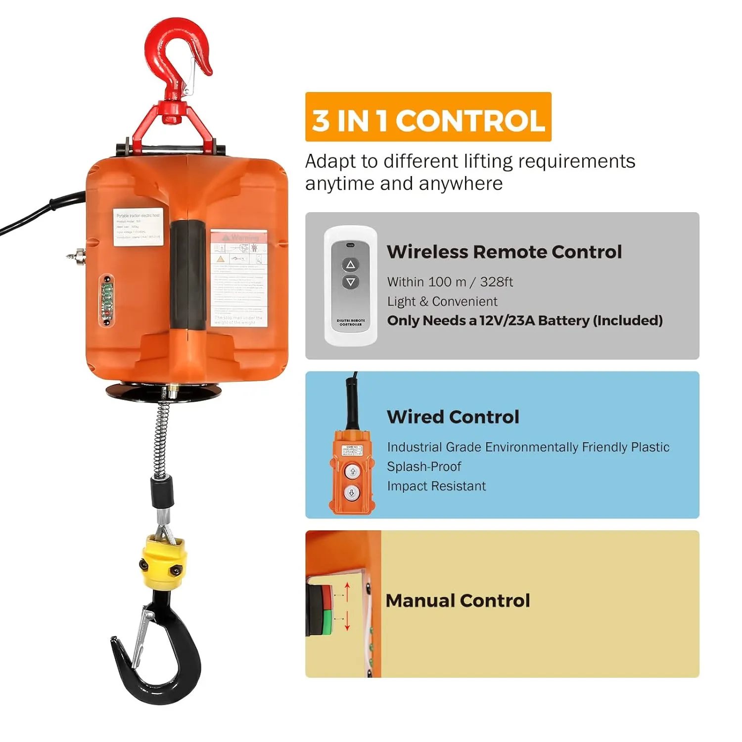 BEAMNOVA 3 in 1 Portable Electric Hoist 110V Wireless Remote Control with Battery Included 110V Winch Crane Machine Hook Pulley System 500kg 1102lbs Capacity with Gloves
