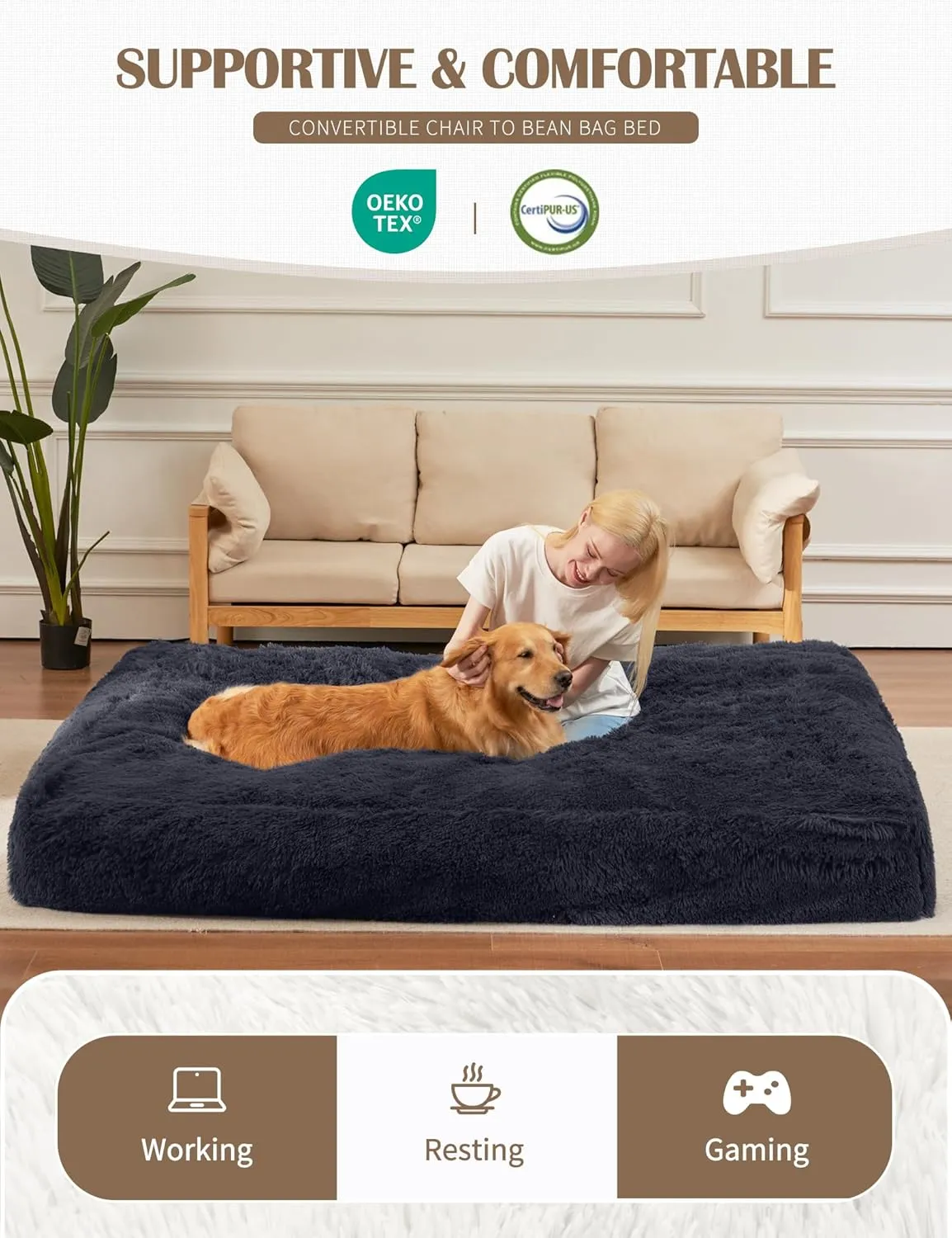 Bean Bag Chairs for Adults Teens Convertible Chair Mattress, Bean Bags Chair with Removable Plush Cover, Sleeper Chair That Turns into Mattress, Full, Dark Grey