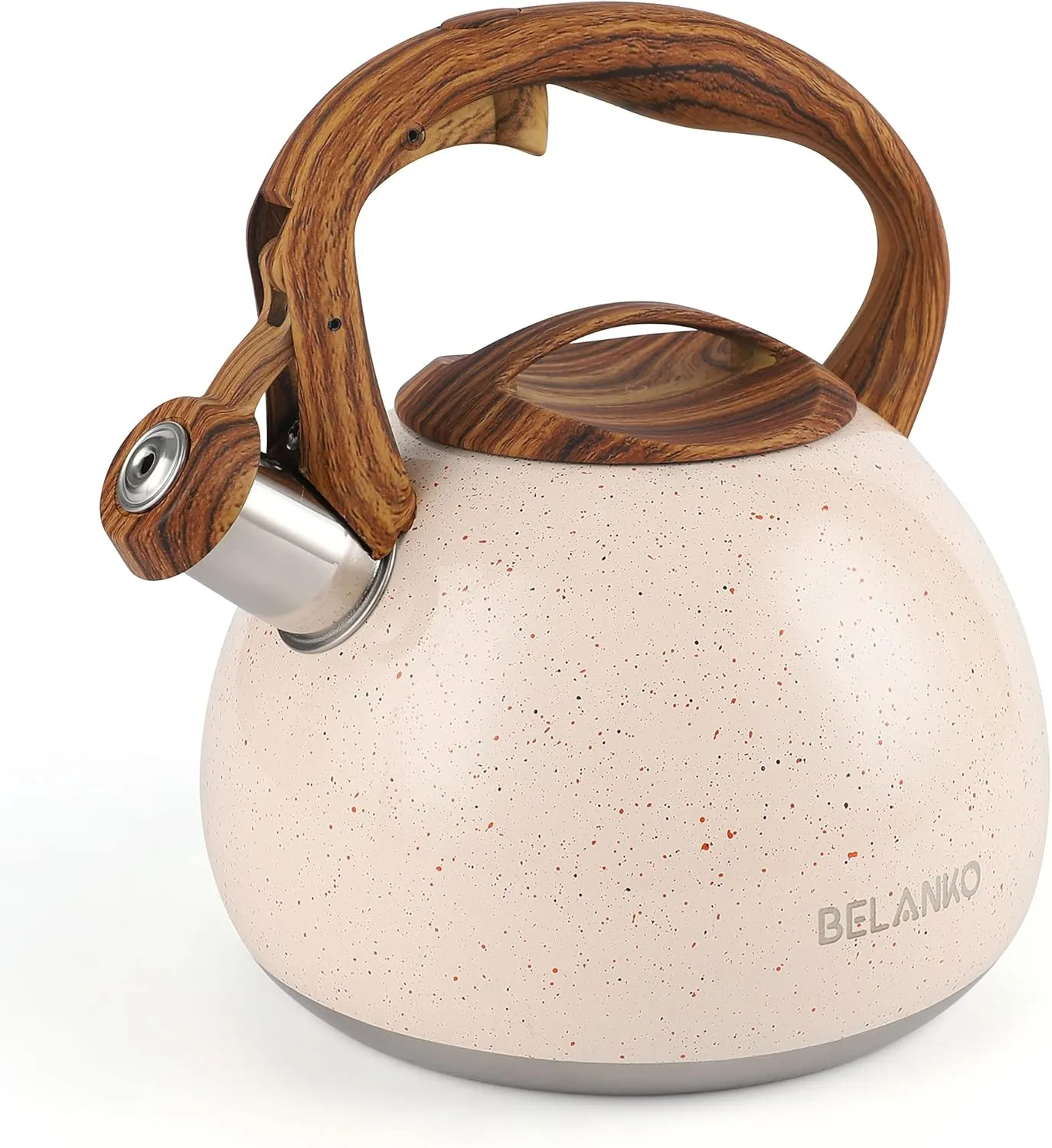 BELANKO 2.7 Quart Tea Kettle for Stovetops - Food Grade Stainless Steel Teapot with Loud Whistle, Cool-Touch Wood Pattern Handle, Rust-Resistant Whistling Kettle - Starry Cream