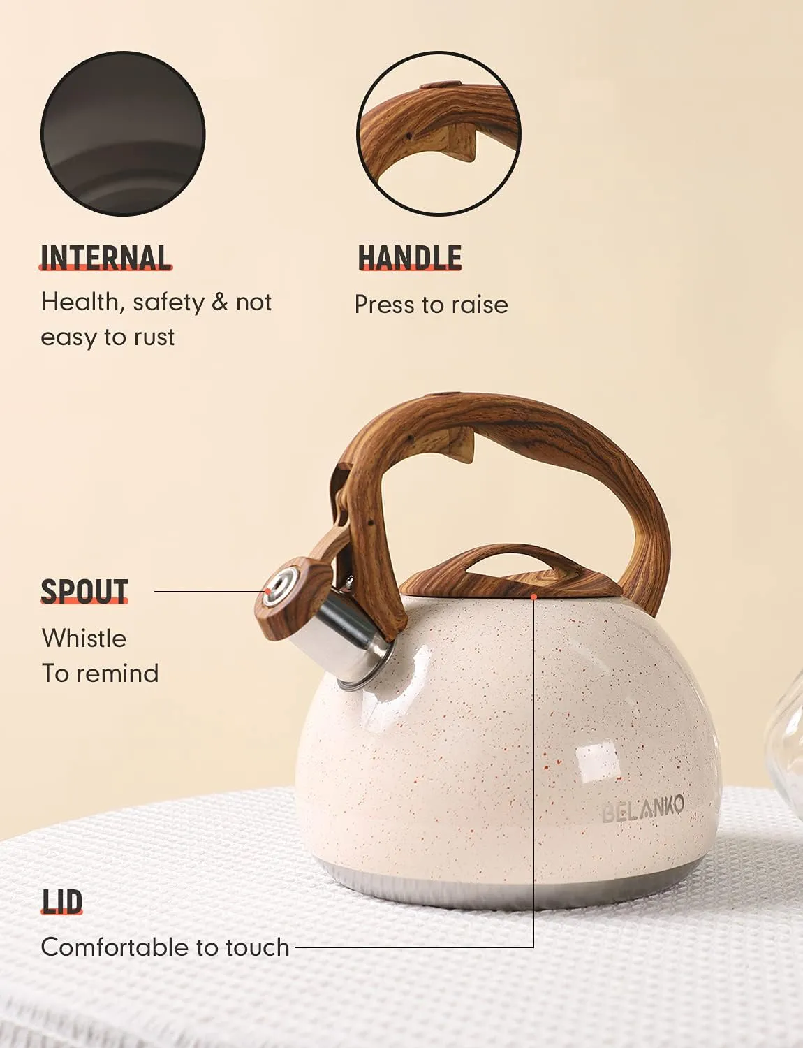 BELANKO 2.7 Quart Tea Kettle for Stovetops - Food Grade Stainless Steel Teapot with Loud Whistle, Cool-Touch Wood Pattern Handle, Rust-Resistant Whistling Kettle - Starry Cream