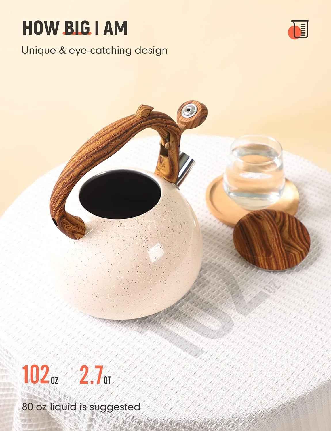 BELANKO 2.7 Quart Tea Kettle for Stovetops - Food Grade Stainless Steel Teapot with Loud Whistle, Cool-Touch Wood Pattern Handle, Rust-Resistant Whistling Kettle - Starry Cream