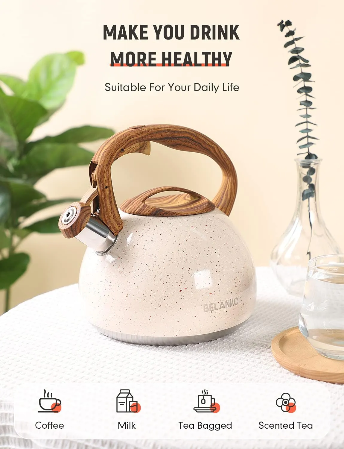 BELANKO 2.7 Quart Tea Kettle for Stovetops - Food Grade Stainless Steel Teapot with Loud Whistle, Cool-Touch Wood Pattern Handle, Rust-Resistant Whistling Kettle - Starry Cream