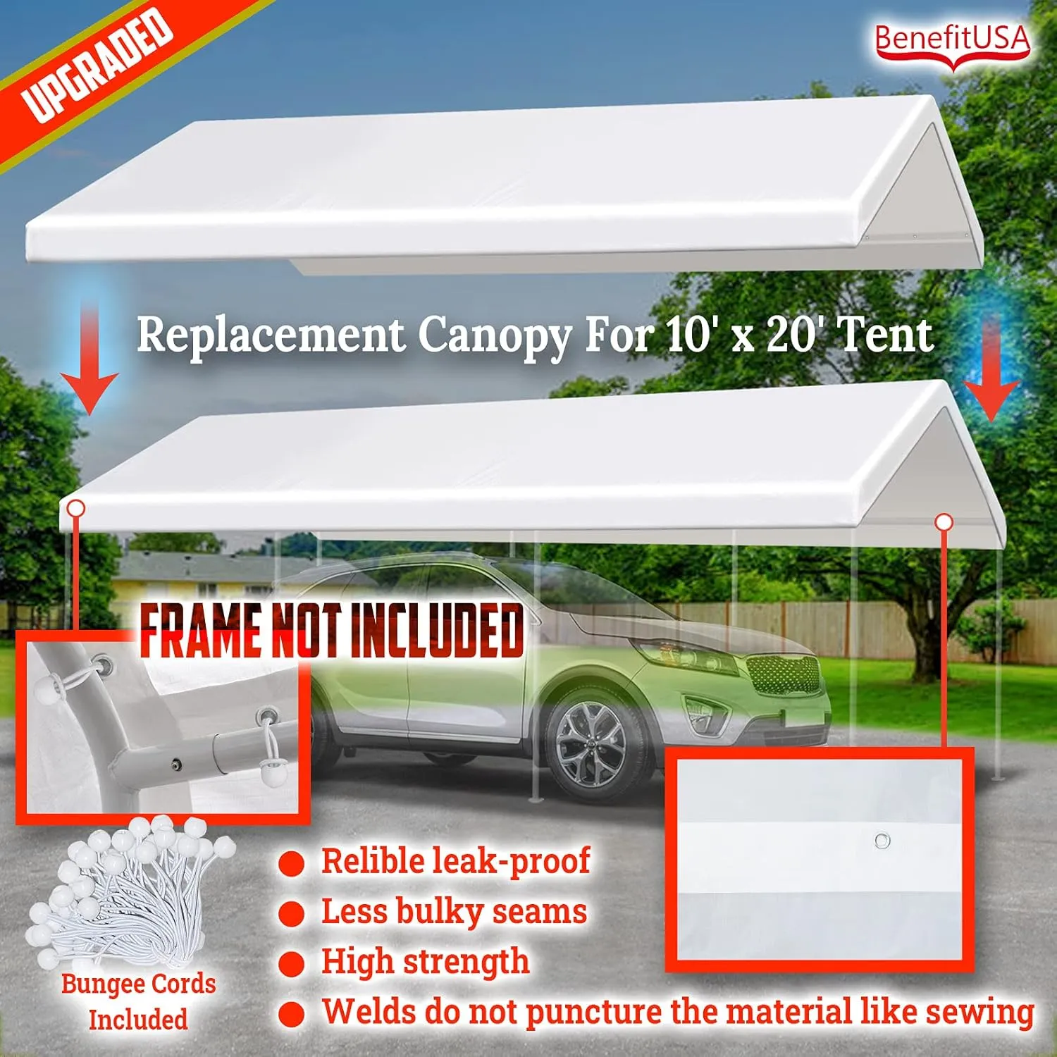 BenefitUSA Upgraded Muliti Color Canopy ONLY 10'x20' Carport Replacement Canopy Outdoor Tent Garage Top Tarp Shelter Cover with Ball Bungees (White)
