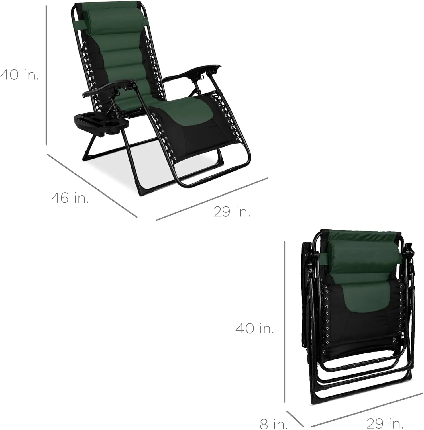 Best Choice Products Oversized Padded Zero Gravity Chair, Folding Outdoor Patio Recliner, XL Anti Gravity Lounger for Backyard w/Headrest, Cup Holder, Side Tray, Polyester Mesh - Black/Forest Green