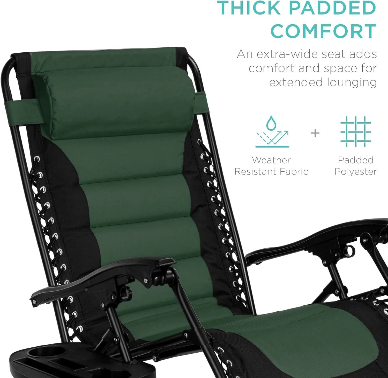 Best Choice Products Oversized Padded Zero Gravity Chair, Folding Outdoor Patio Recliner, XL Anti Gravity Lounger for Backyard w/Headrest, Cup Holder, Side Tray, Polyester Mesh - Black/Forest Green