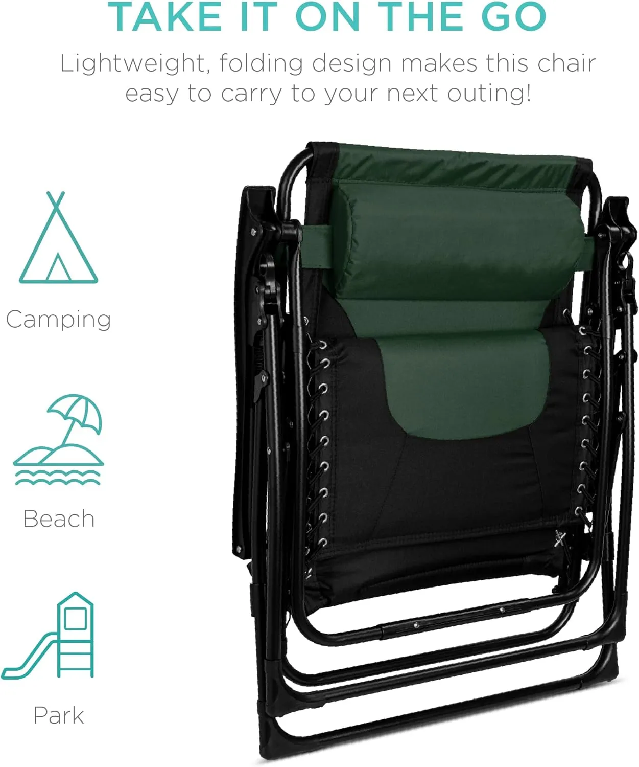 Best Choice Products Oversized Padded Zero Gravity Chair, Folding Outdoor Patio Recliner, XL Anti Gravity Lounger for Backyard w/Headrest, Cup Holder, Side Tray, Polyester Mesh - Black/Forest Green