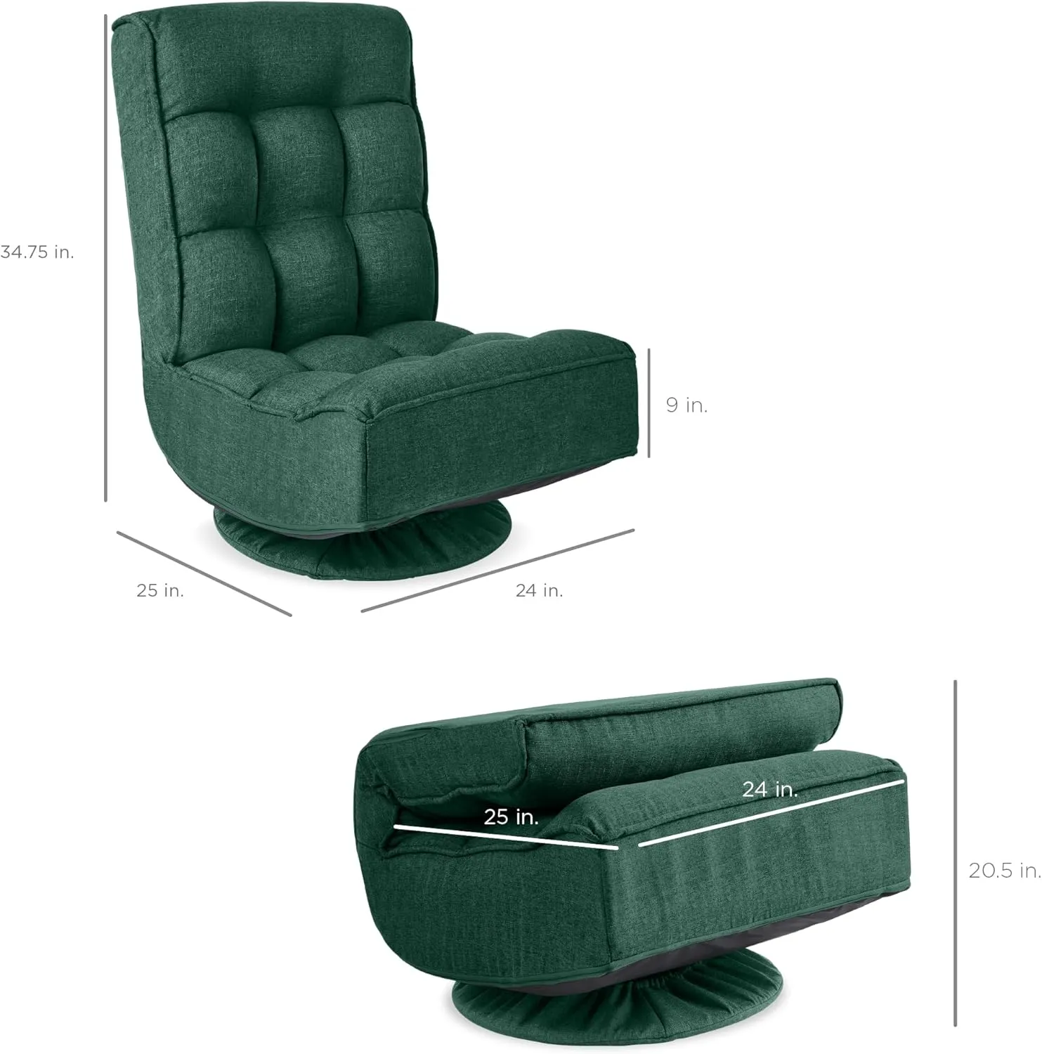 Best Choice Products Reclining Folding Floor Gaming Chair for Home, Office, Lounging, Reading w/ 360-Degree Swivel, 4 Adjustable Positions, Tufted Cushions - Green