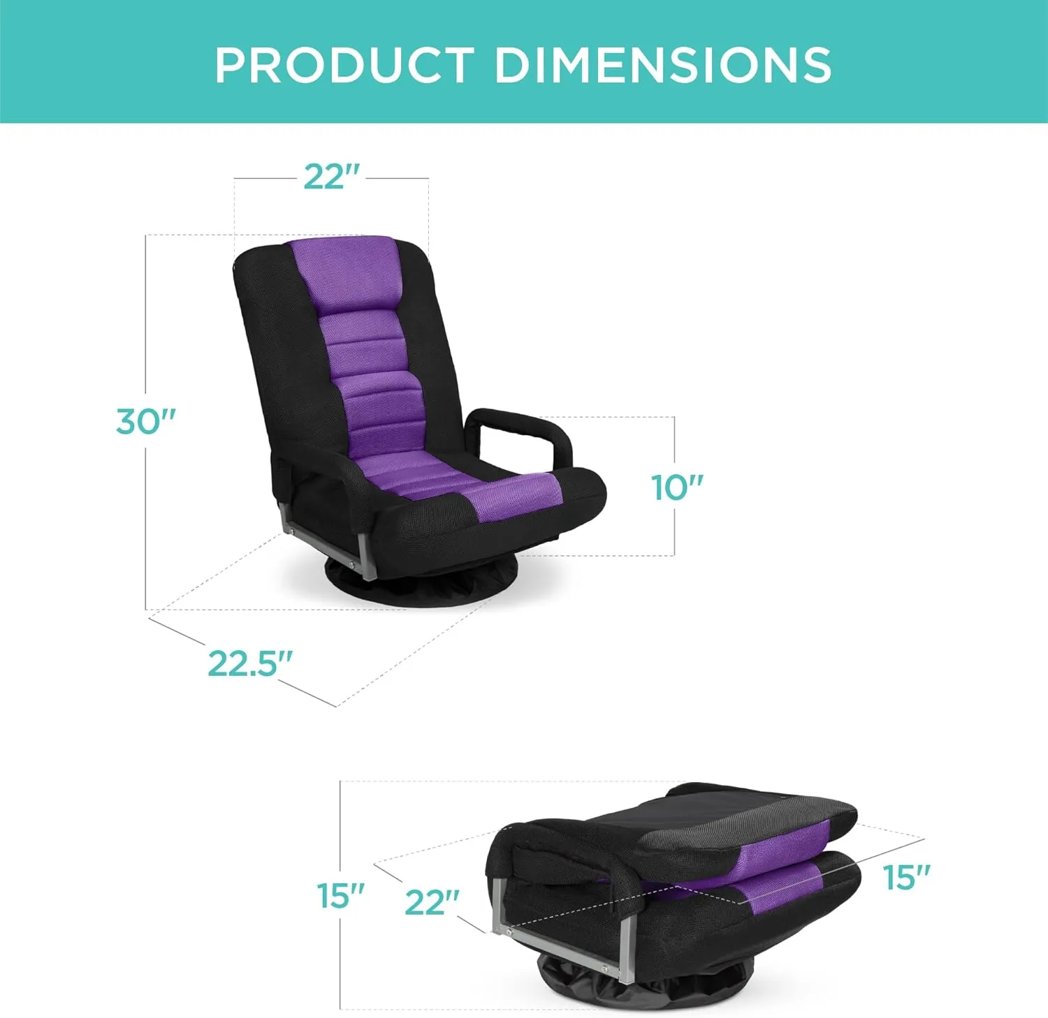 Best Choice Products Swivel Gaming Chair 360 Degree Multipurpose Floor Chair Rocker for TV, Reading, Playing Video Games w/Lumbar Support, Armrest Handles, Adjustable Backrest - Black/Purple