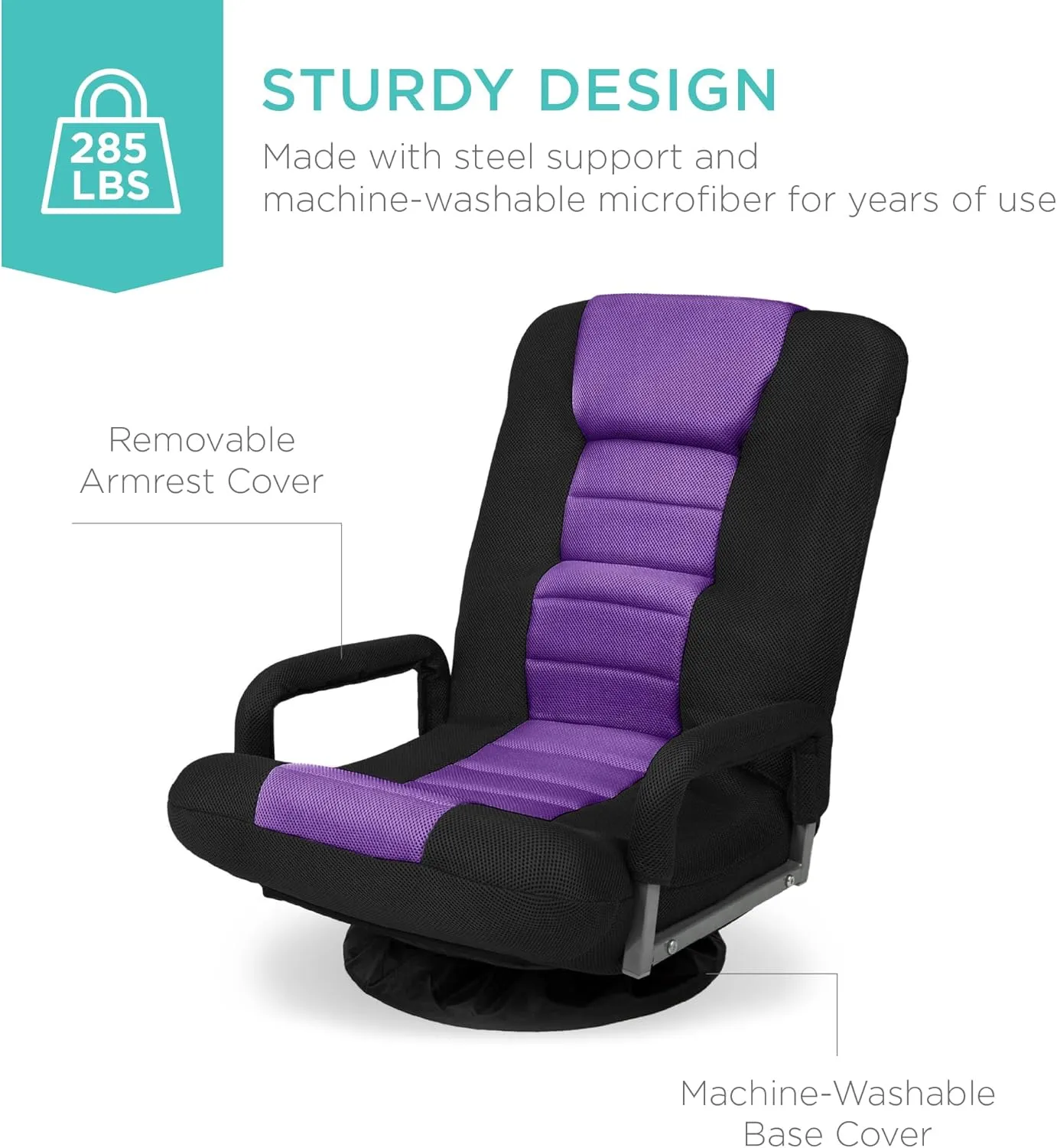 Best Choice Products Swivel Gaming Chair 360 Degree Multipurpose Floor Chair Rocker for TV, Reading, Playing Video Games w/Lumbar Support, Armrest Handles, Adjustable Backrest - Black/Purple