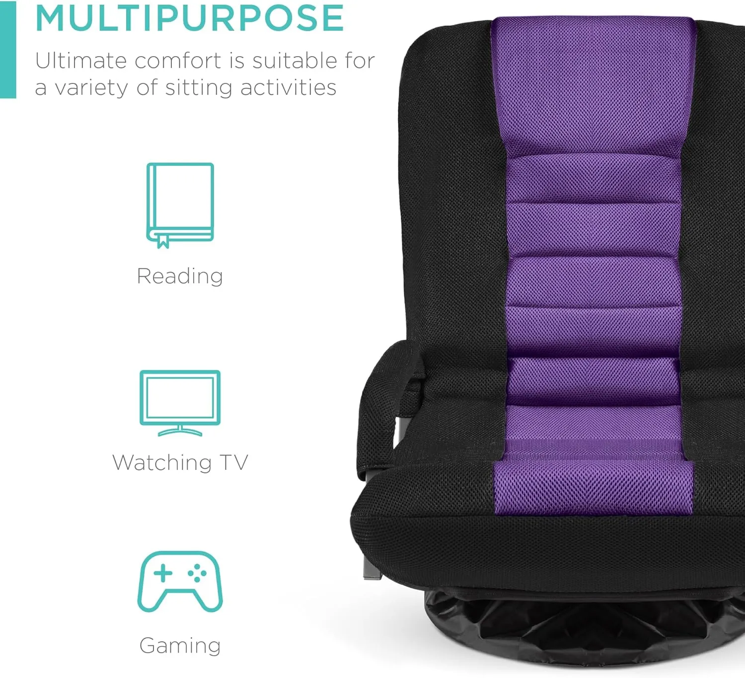 Best Choice Products Swivel Gaming Chair 360 Degree Multipurpose Floor Chair Rocker for TV, Reading, Playing Video Games w/Lumbar Support, Armrest Handles, Adjustable Backrest - Black/Purple