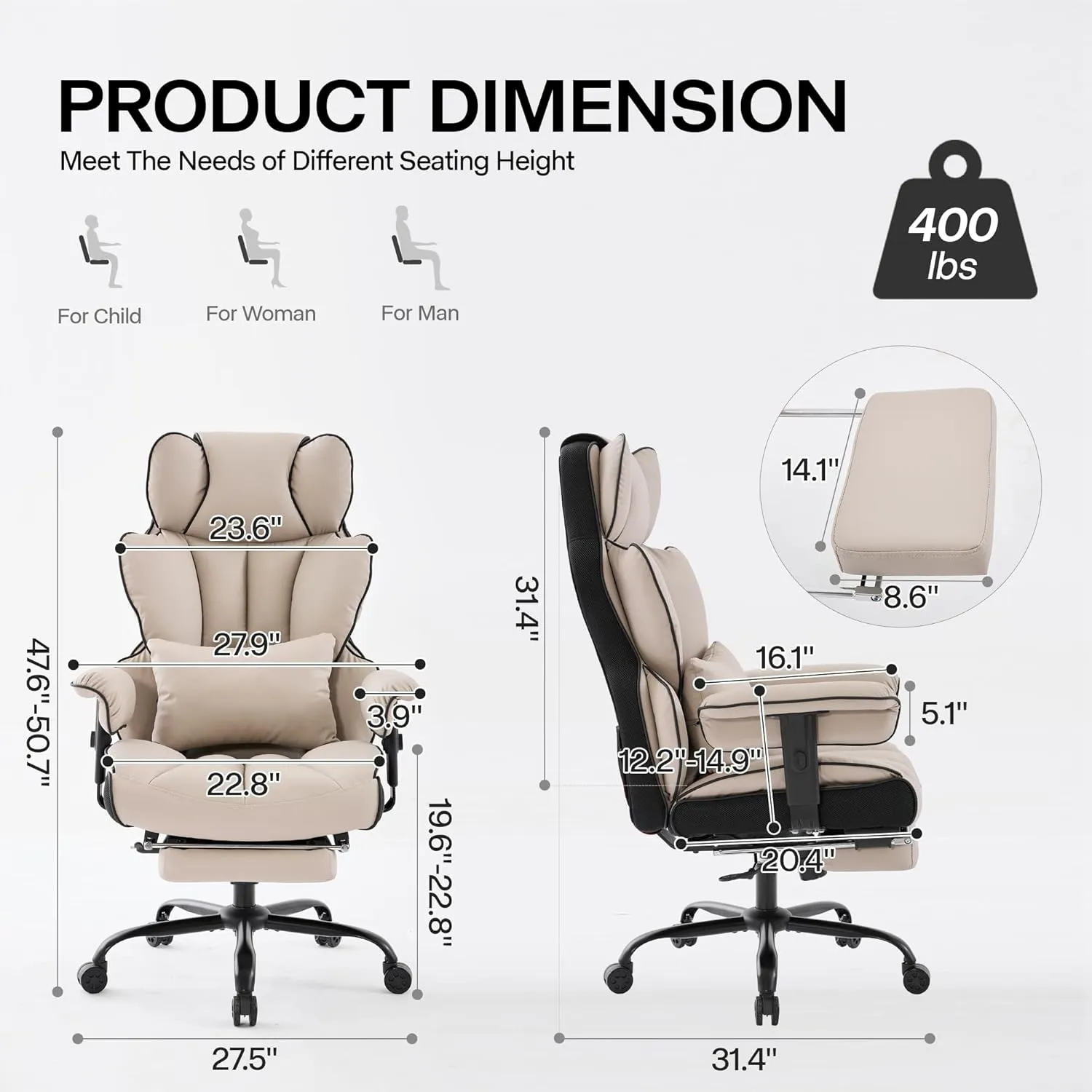 Big and Tall Office Chair 400lbs,PU Leather High Back Gaming Chair with Foot Rest, Reclining Executive Ergonomic Office Chairs Lumbar Support Computer Chair Adjustable Arms(Black Beige)