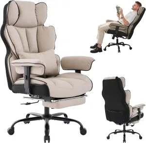 Big and Tall Office Chair 400lbs,PU Leather High Back Gaming Chair with Foot Rest, Reclining Executive Ergonomic Office Chairs Lumbar Support Computer Chair Adjustable Arms(Black Beige)