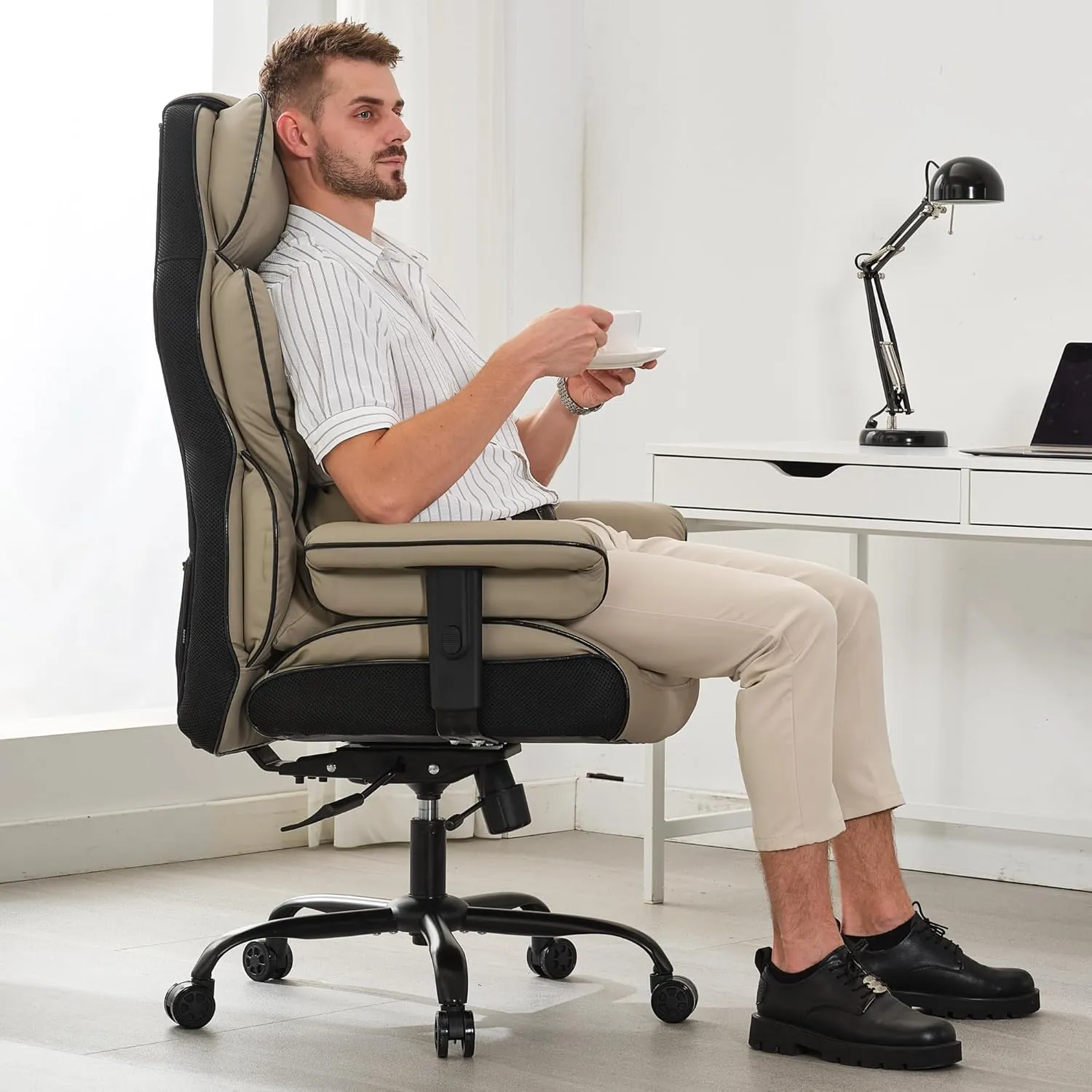 Big and Tall Office Chair 400lbs,PU Leather High Back Gaming Chair with Foot Rest, Reclining Executive Ergonomic Office Chairs Lumbar Support Computer Chair Adjustable Arms(Black Beige)