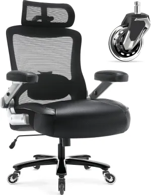 Big and Tall Office Chair 600lbs with 3D Flip Arms Adjustable Headrest - Heavy Duty Large Wheels Executive Computer Desk Chair, Ergonomic Lumbar Support Mesh High Back Plus Size Chair for Adults