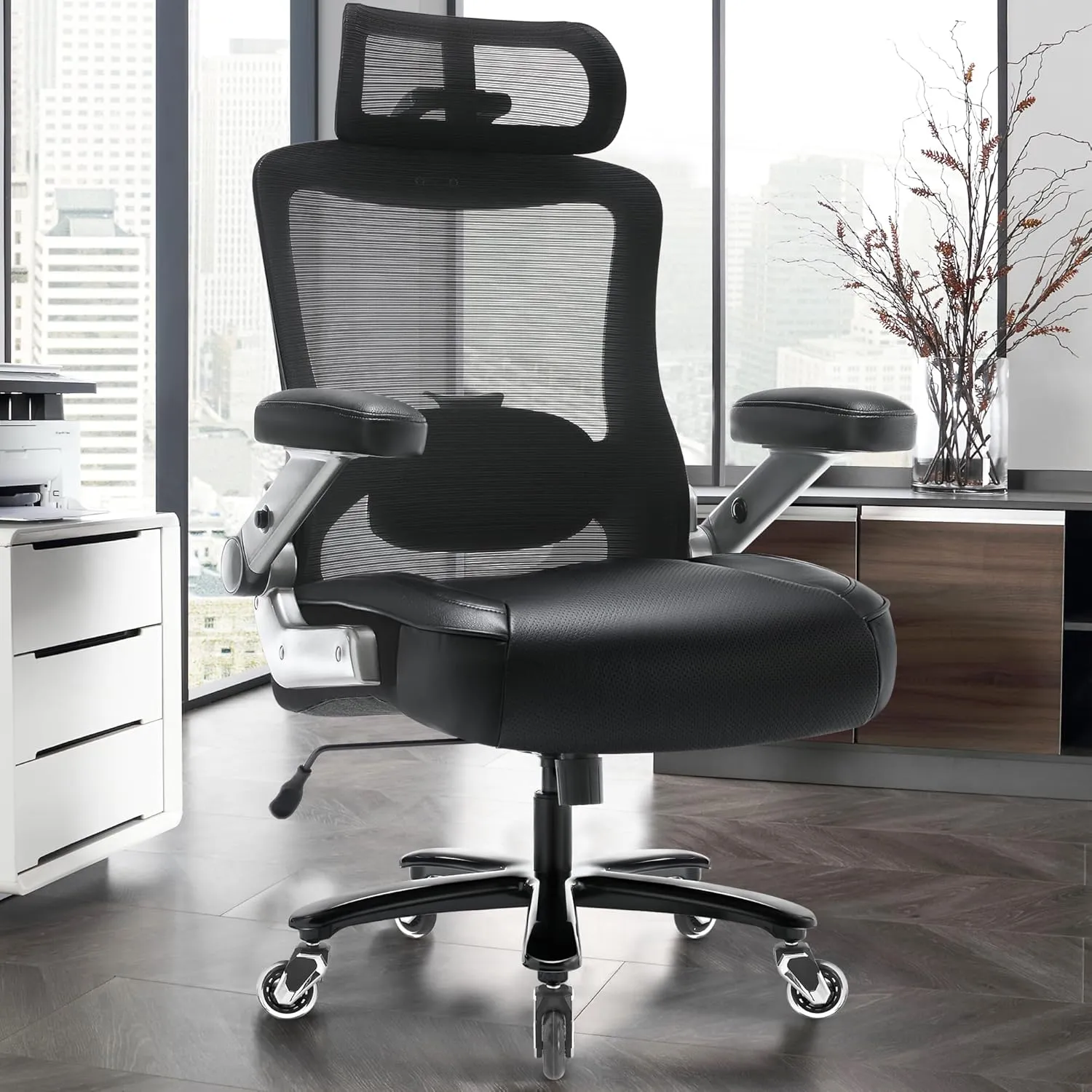 Big and Tall Office Chair 600lbs with 3D Flip Arms Adjustable Headrest - Heavy Duty Large Wheels Executive Computer Desk Chair, Ergonomic Lumbar Support Mesh High Back Plus Size Chair for Adults